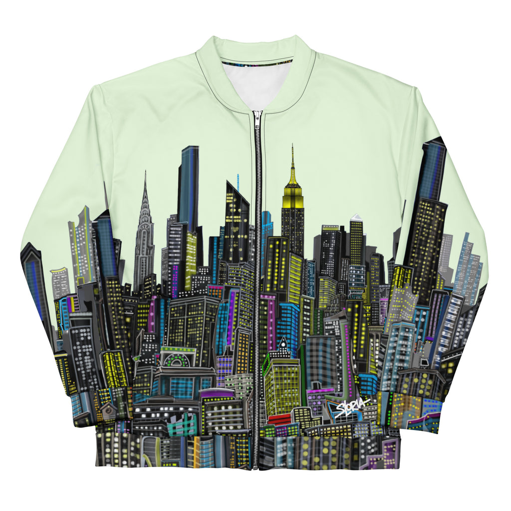 Front view with folded sleeves of a Jacket with cityscape design by Loria NYC Art on a light green background