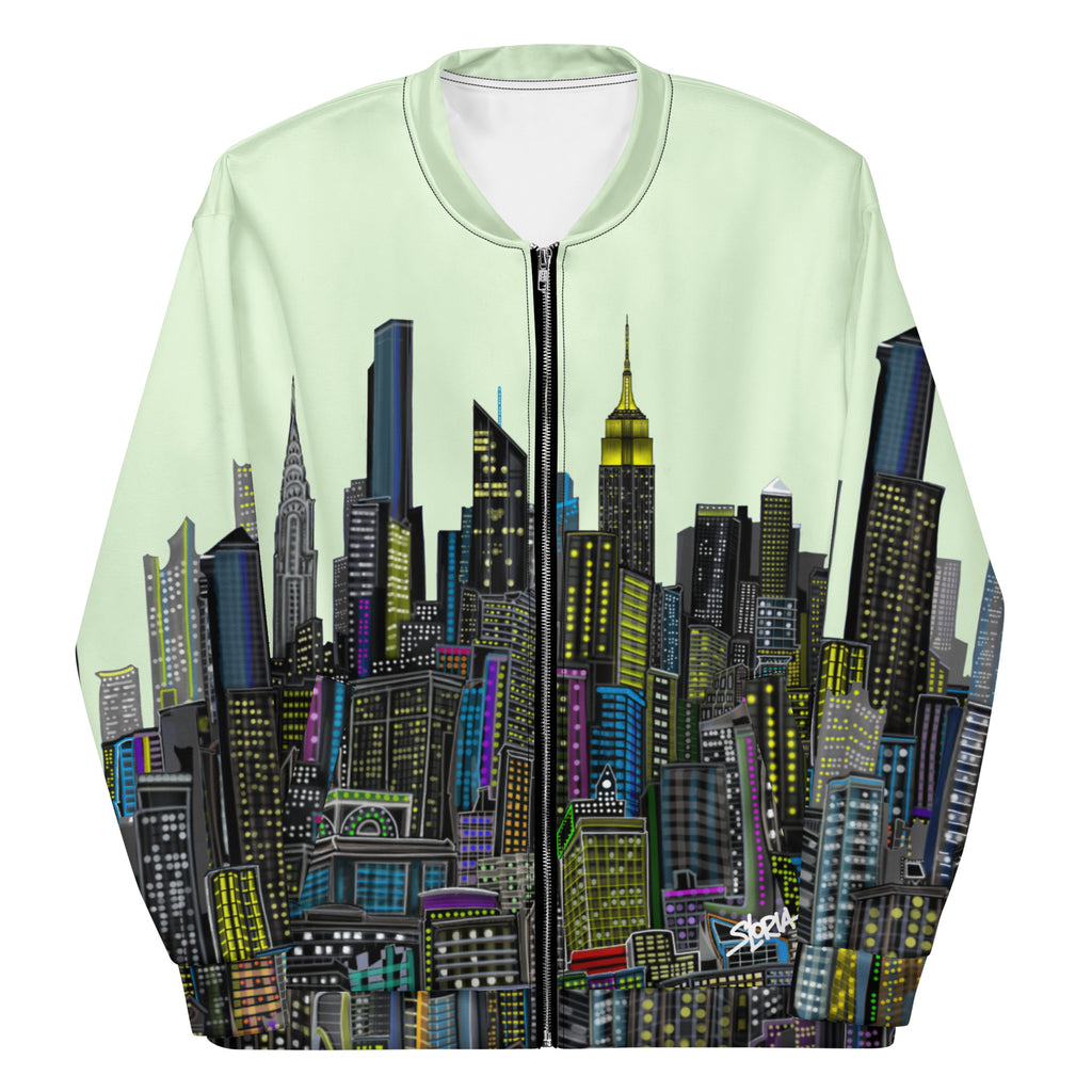 Folded sleeves of a light green Jacket with cityscape design by Loria NYC Art on front