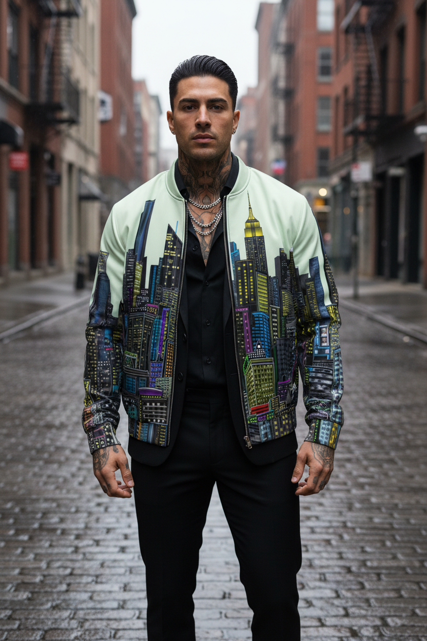 Man wearing a colorful Loria NYC Art jacket with cityscape design on a street.