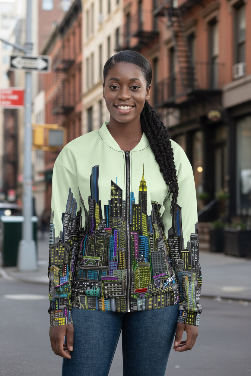 Person wearing a green bomber jacket with a cityscape Loria NYC Art design on a white background