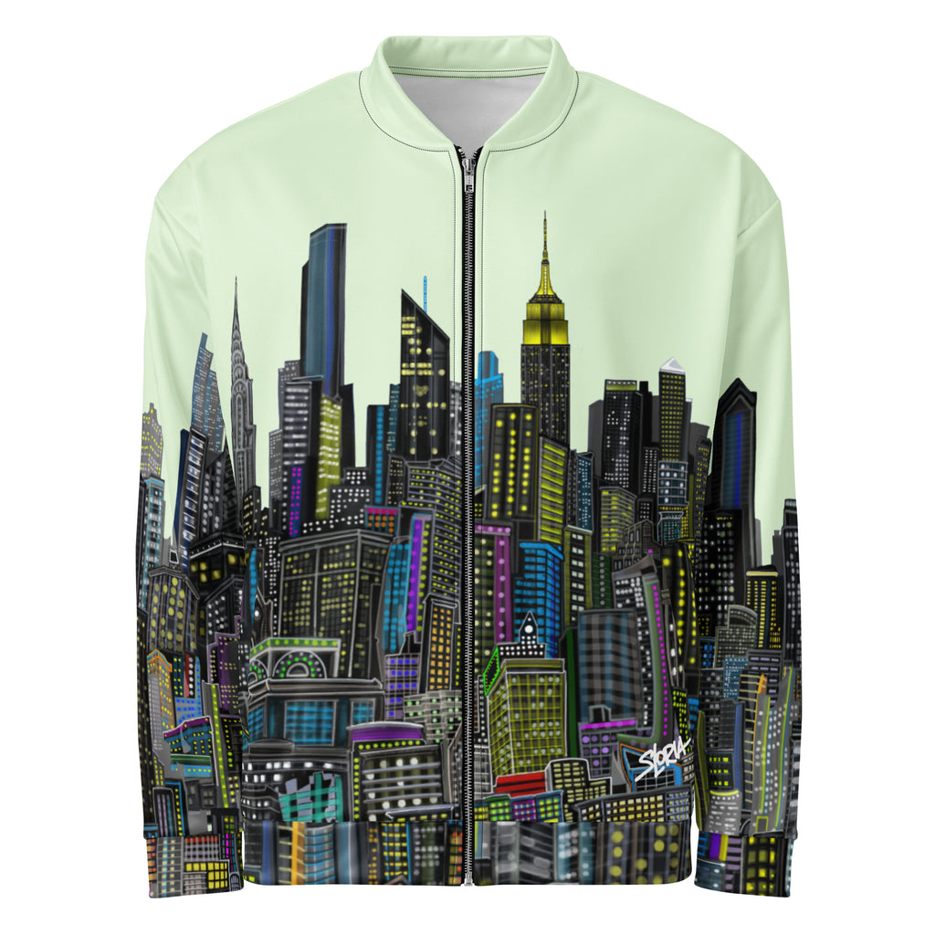 Full front view of Light green bomber jacket with cityscape designed by Loria NYC Art on white background 