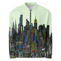 Full front view of Light green bomber jacket with cityscape designed by Loria NYC Art on white background 