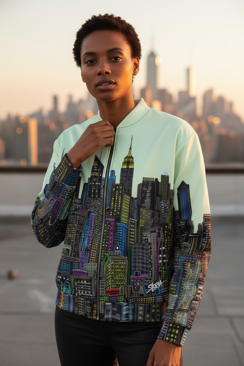 Person wearing a jacket with cityscape designed by Loria NYC Art against a city skyline backdrop