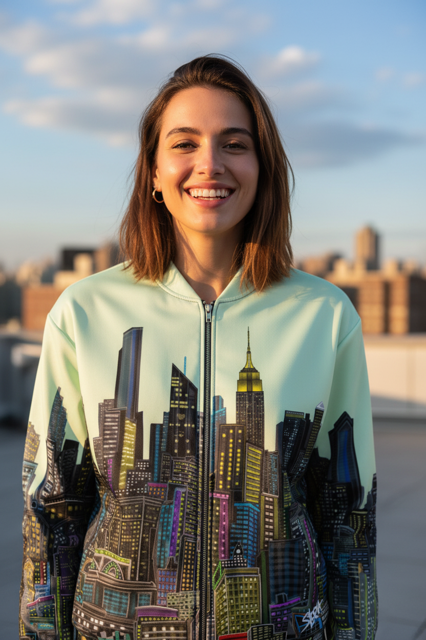 Woman wearing a hoodie with a cityscape designed by Loria NYC Art on a rooftop with city skyline in the background
