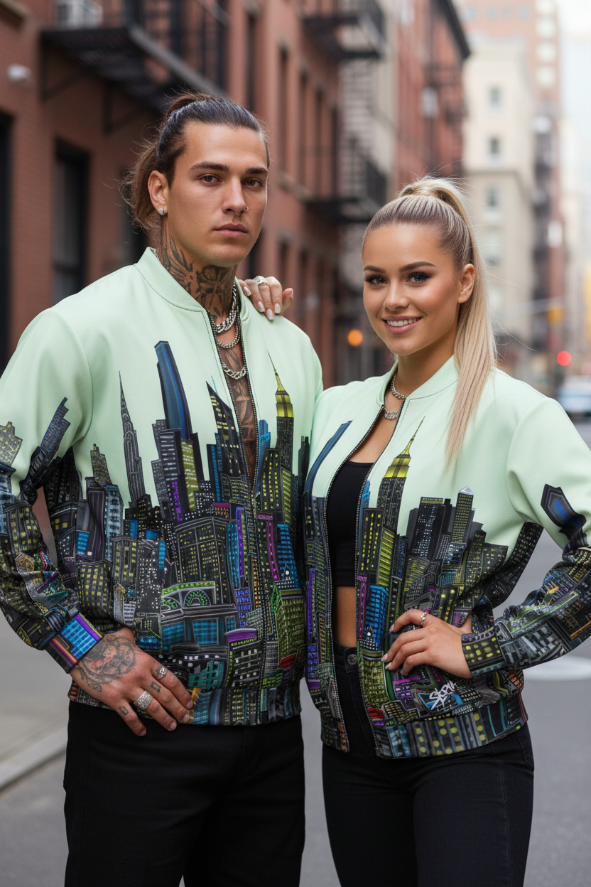 Two people wearing matching Loria NYC Art cityscape-themed jackets on a city street.