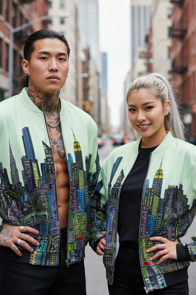 Two people wearing Loria NYC Art cityscape-themed jackets on a city street.
