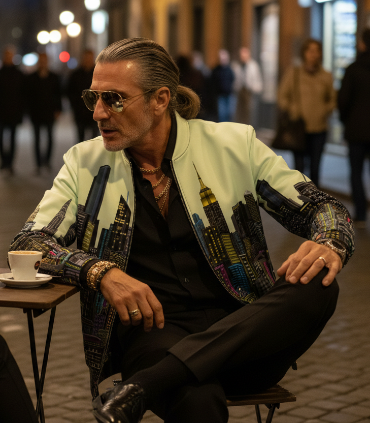 Man sitting at a table in an urban setting wearing a stylish Loria NYC Art jacket with cityscape patterns.