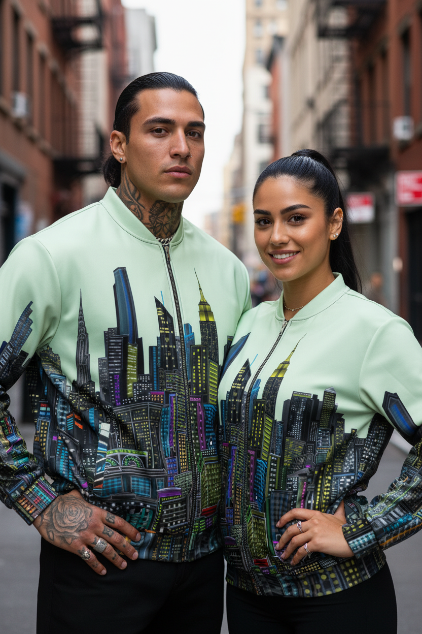 Two people wearing matching light green jackets with Loria NYC Art cityscape design on a city street.