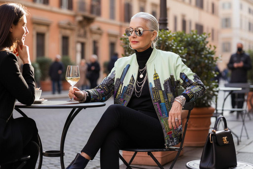 Women wearing a Loria NYC Art green jacket sitting at a table outdoors in an urban setting.