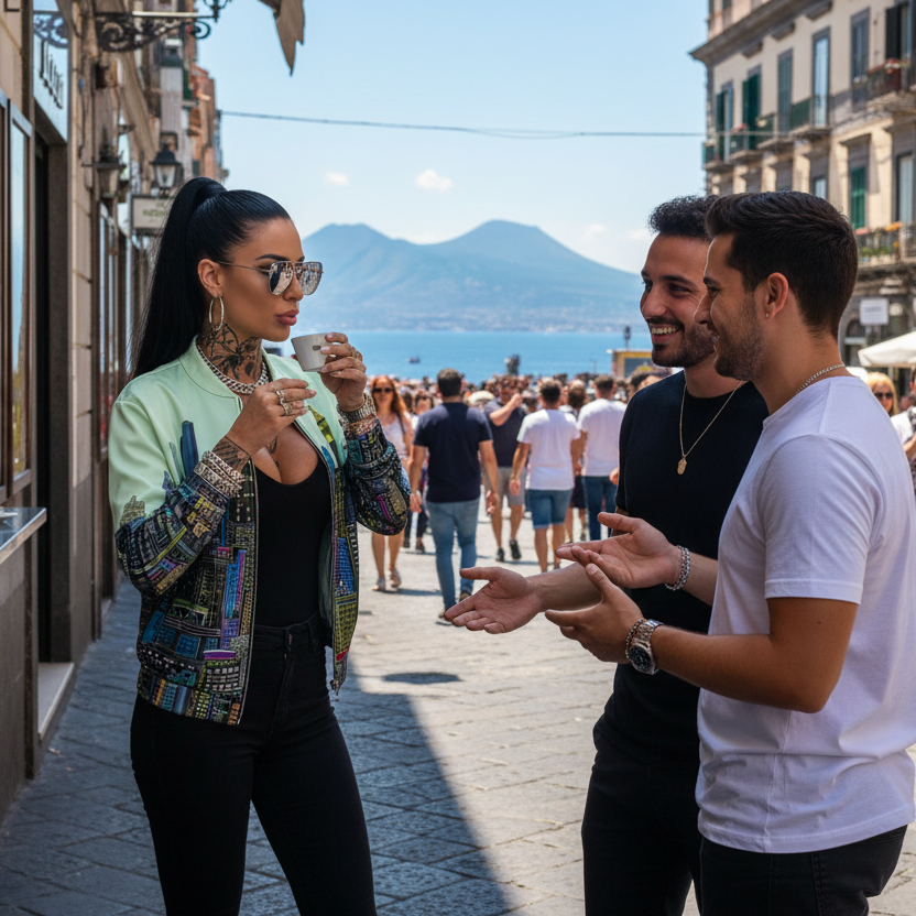 Woman wearing a Loria NYC Art jacket drinking coffee on a street with people and Mount Vesuvius in the background