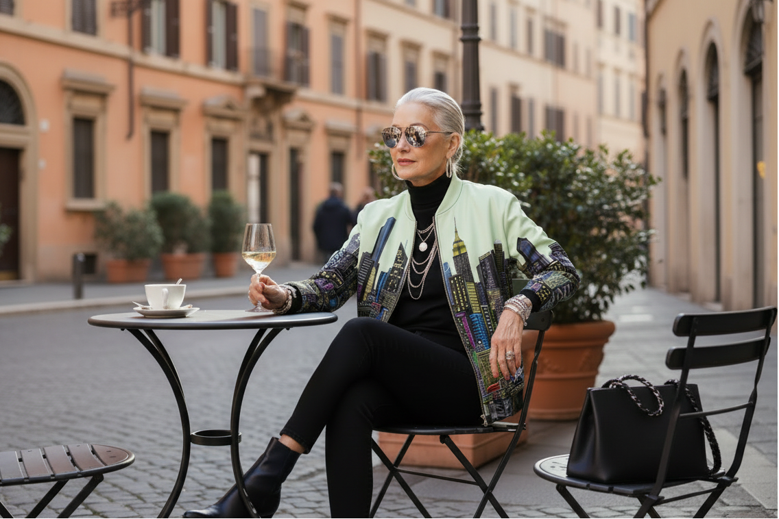 Woman sitting at an outdoor cafe table wearing a Loria NYC Art jacket in a city street, holding a glass of wine.