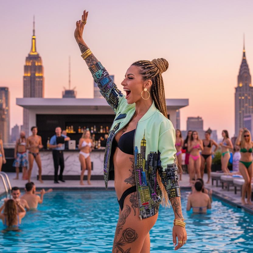 Woman in a bikini and colorful jacket designed by Loria NYC Art with a pool with city skyline in the background
