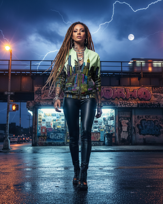 Woman wearing a Loria NYC Art jacket with long hair standing on a rain-soaked street with lightning in the background