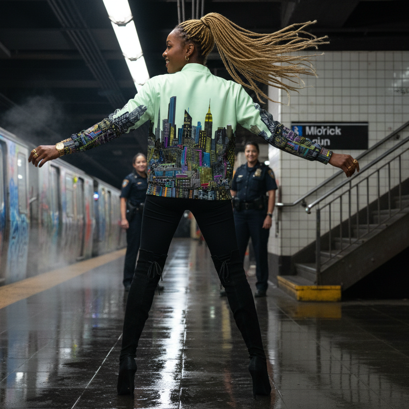 Person in a stylish outfit with a cityscape Loria NYC Art jacket in a subway station.