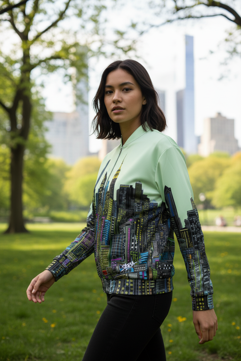 Girl walking in sunny park wearing a light green skyline jacket designed by Loria NYC Art 