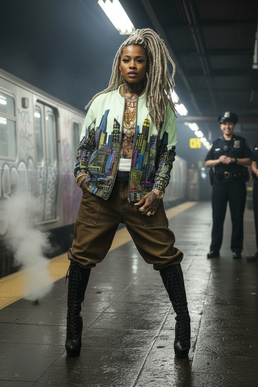 Person with colorful Loria NYC Art jacket standing on a subway platform with police officers in the background