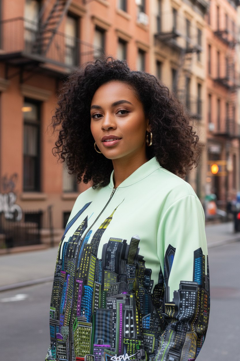 Woman wearing a colorful cityscape Loria NYC Art jacket on a street with buildings in the background
