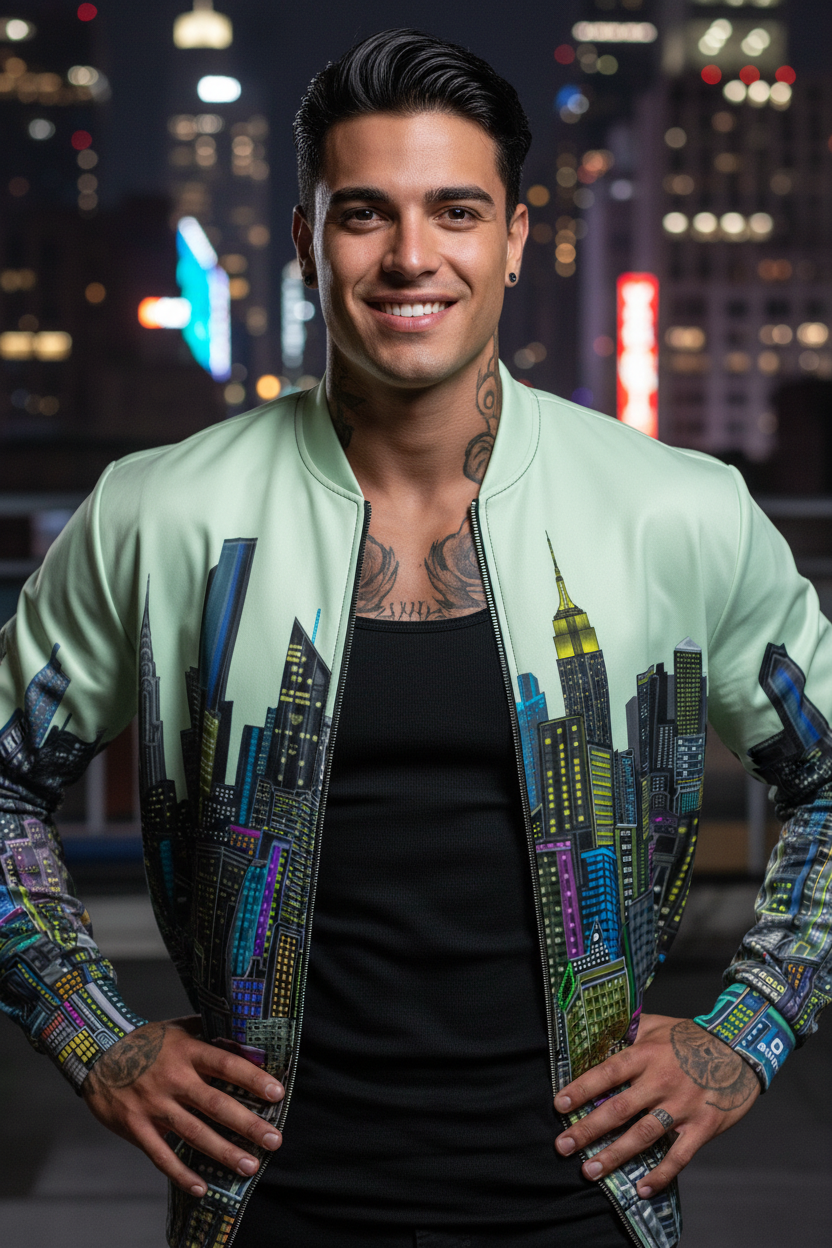 Man wearing a stylish jacket with cityscape Loria NYC Art design against a night-time cityscape background