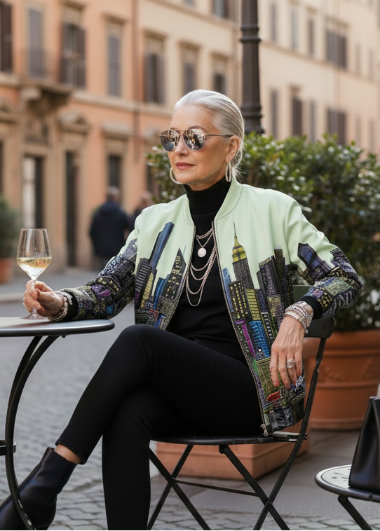 Woman holding a glass of wine sitting at an outdoor cafe table wearing a Loria NYC Art jacket in an urban street.