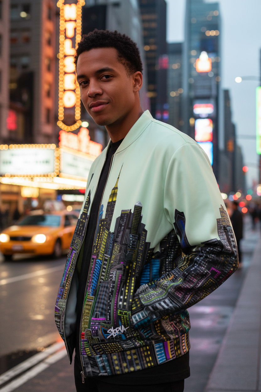 Man wearing a colorful jacket with cityscape designed by Loria NYC Art on a city street at night.