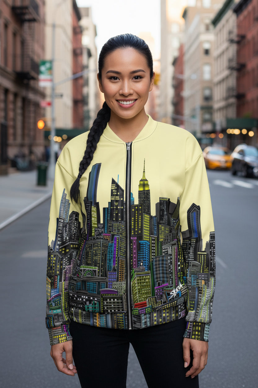 Girl wearing a yellow bomber jacket with a colorful city skyline design by Loria NYC Art