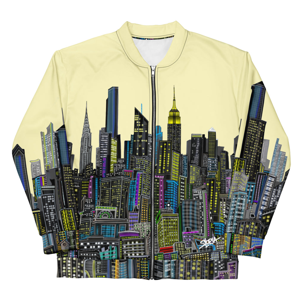 Sleeves folded on front of bomber jacket with colorful yellow city skyline design by Loria NYC Art