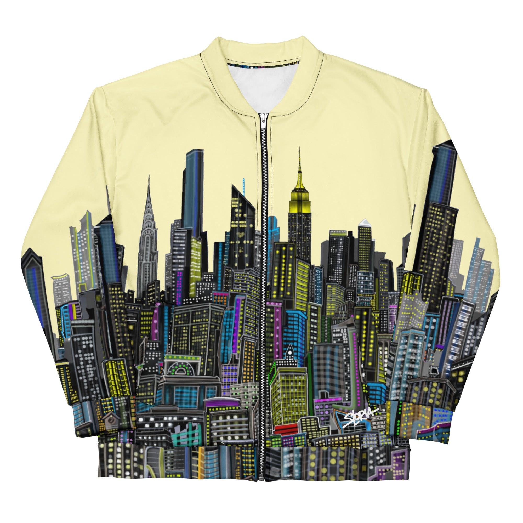 Sleeves folded on front of bomber jacket with colorful yellow city skyline design by Loria NYC Art