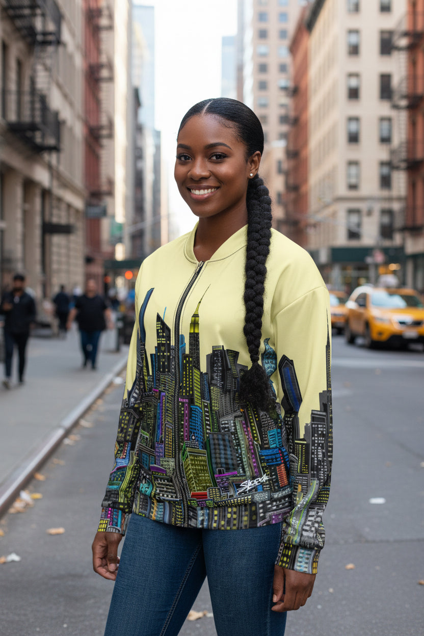 Front of women wearing a yellow jacket with a colorful city skyline design by Loria NYC Art