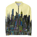 Front view of light yellow colorful city skyline bomber jacket design by Loria NYC Art