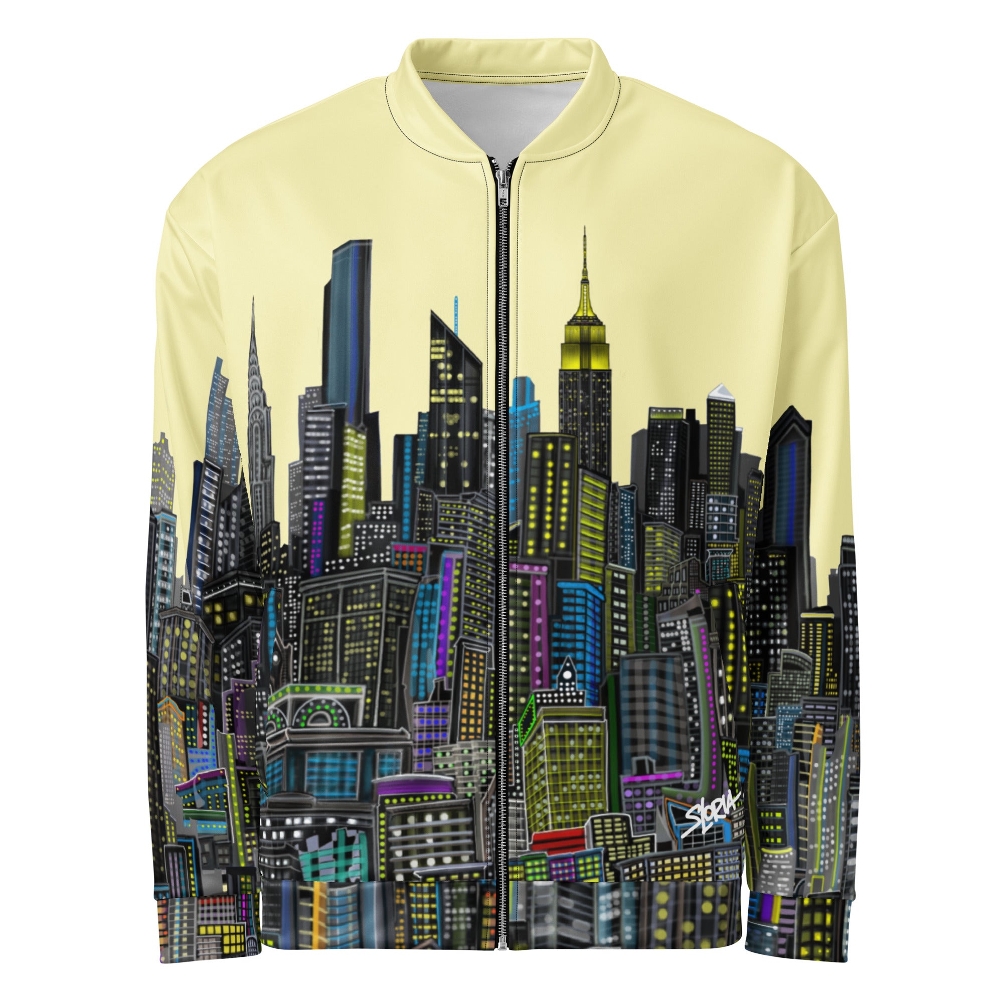 Front view of light yellow colorful city skyline bomber jacket design by Loria NYC Art