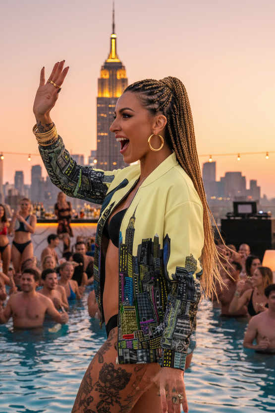 Woman in a colorful Loria NYC Art bomber jacket outfit standing by a pool with a city skyline in the background