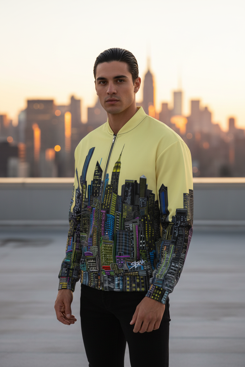 A man wearing a light yellow zip-up jacket with a detailed multicolor Loria NYC Art city skyline print on the front and sleeves, standing on a rooftop with a blurred cityscape at sunset in the background.