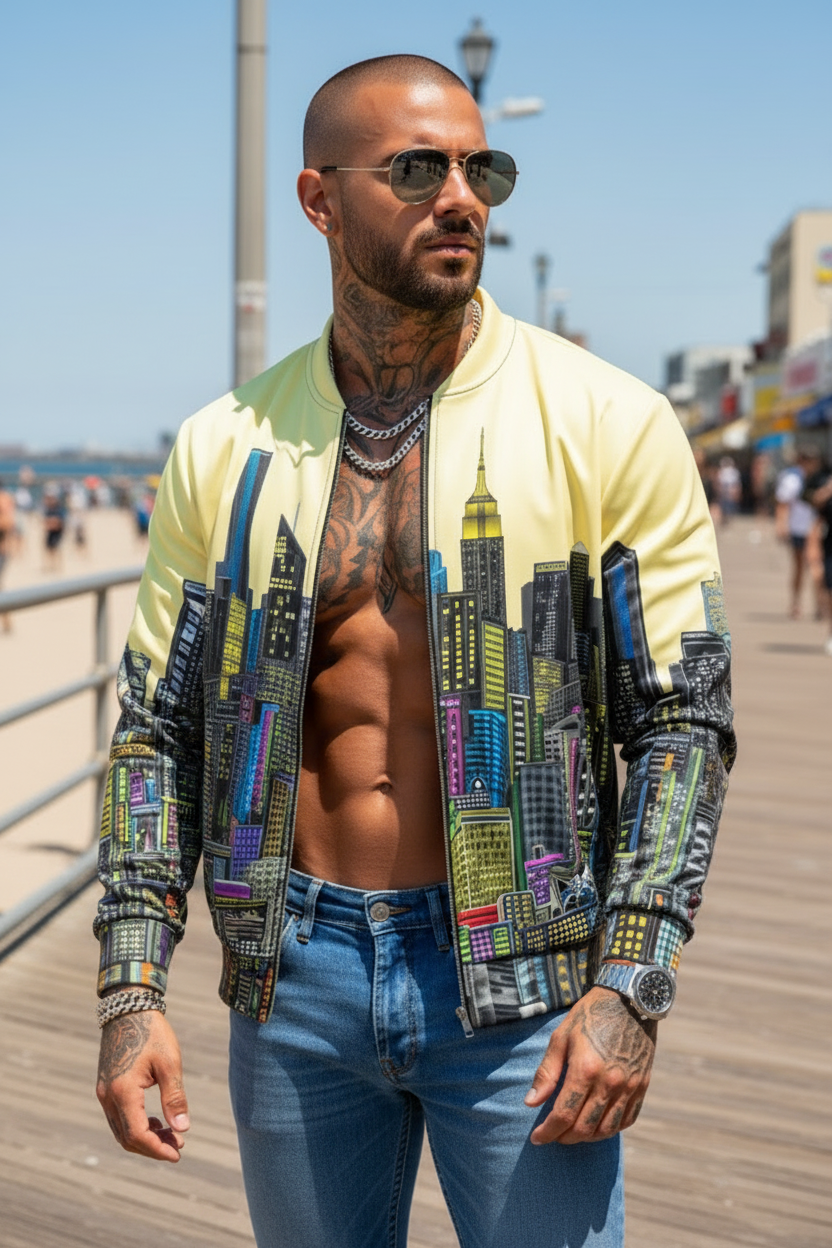 Man wearing a light yellow Loria NYC Art jacket with cityscape design on a boardwalk in an outdoor setting