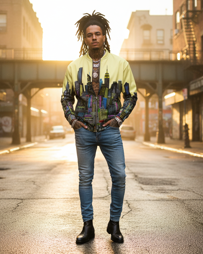 Person wearing skyline yellow Loria NYC Art jacket standing on a city street with graffiti and urban architecture.