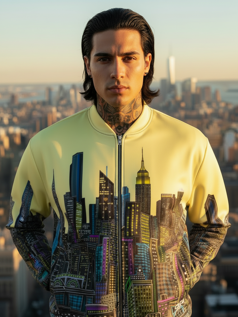 Man wearing a Loria NYC Art jacket with cityscape design on a rooftop.