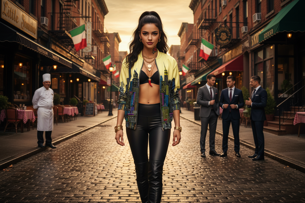 Woman wearing a yellow city skyline Loria NYC Art bomber jacket and walks down a street with Italian flags and people in suits