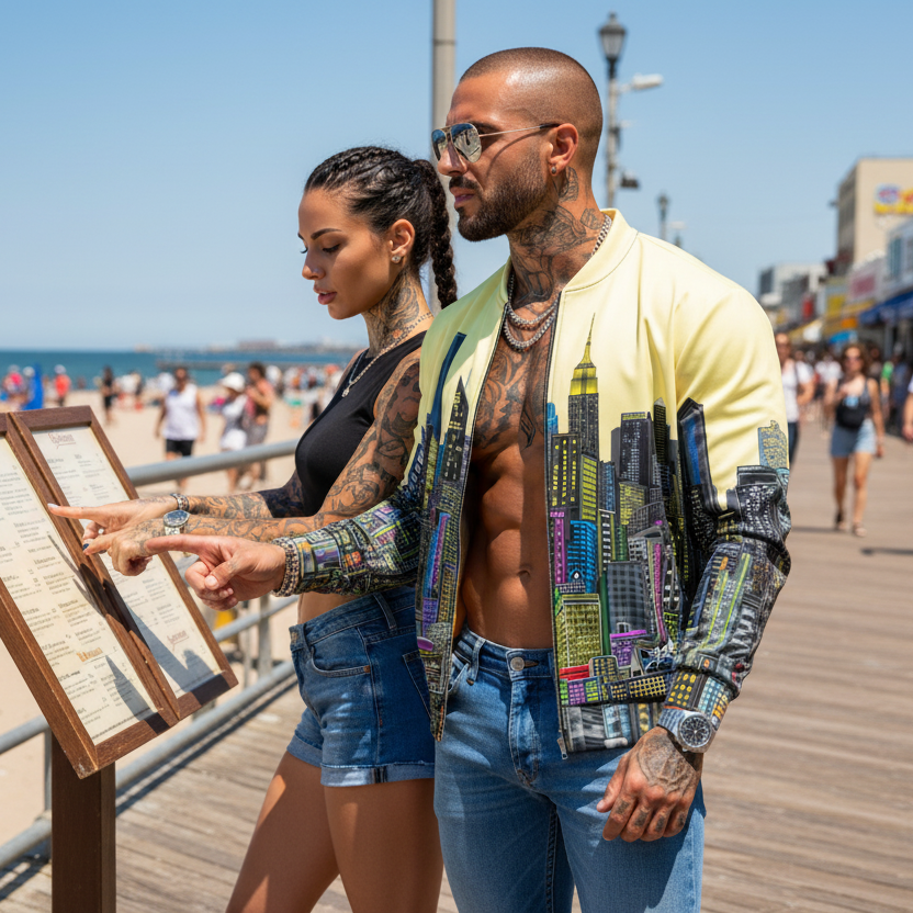 Man wearing a yellow Loria NYC Art jacket and woman looking at a map on a boardwalk with ocean and beach in the background