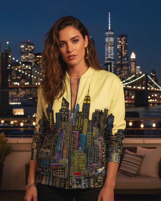 Woman standing on a rooftop wearing a yellow Loria NYC Art city skyline jacket   