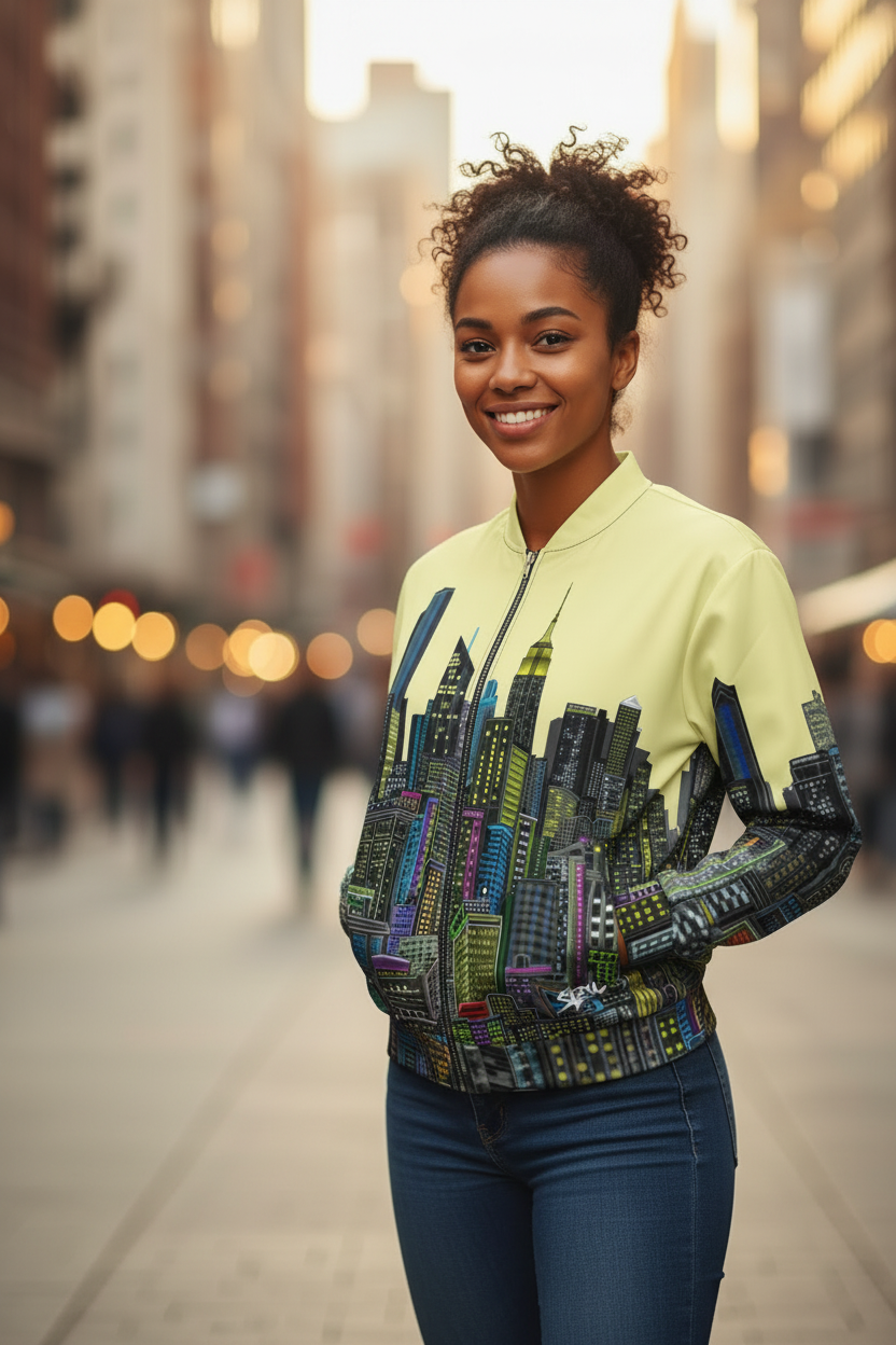 Female standing on a city street with a Loria NYC Art colorful jacket.