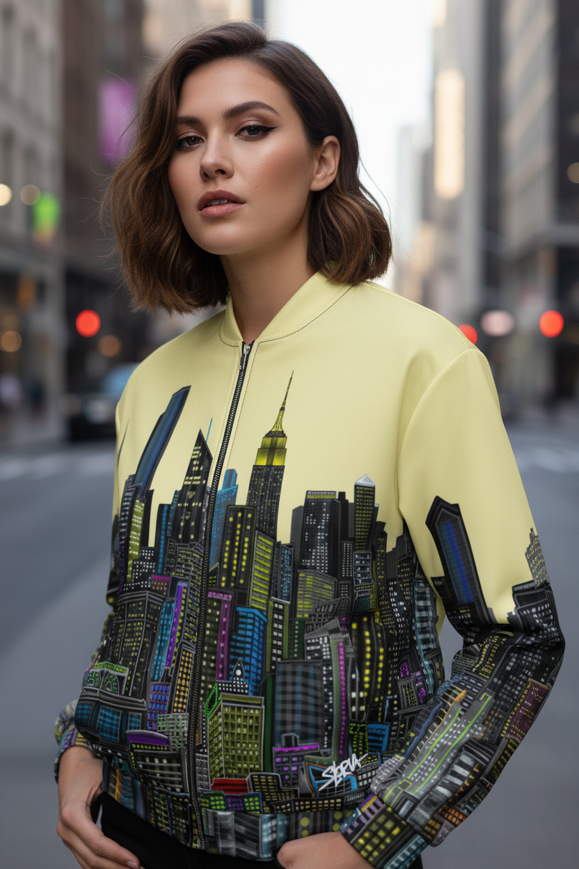Woman wearing a yellow jacket with cityscape Loria NYC Art design on a blurred city street background