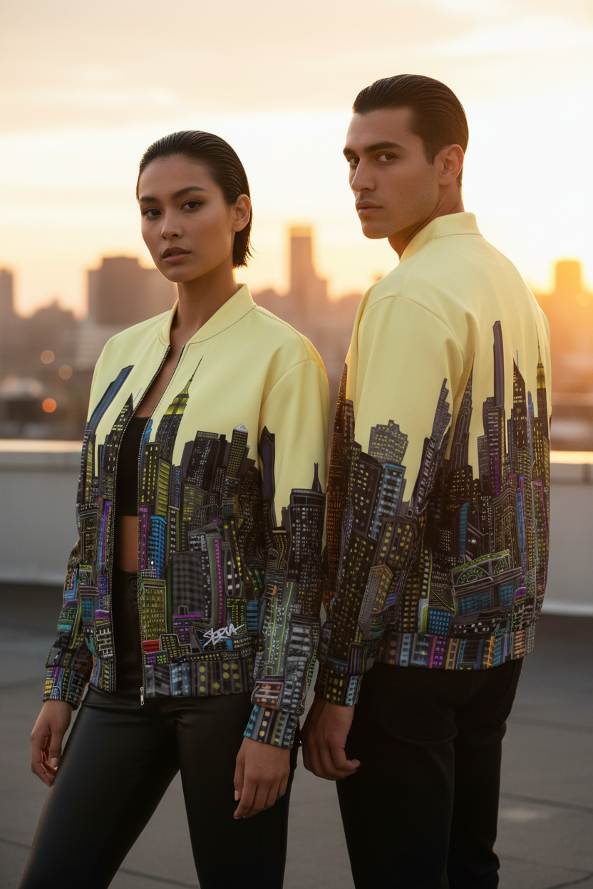 Two models wearing matching light yellow bomber jackets with a detailed multicolor Loria NYC Art skyline print on the front and back, standing on a rooftop at sunset.
