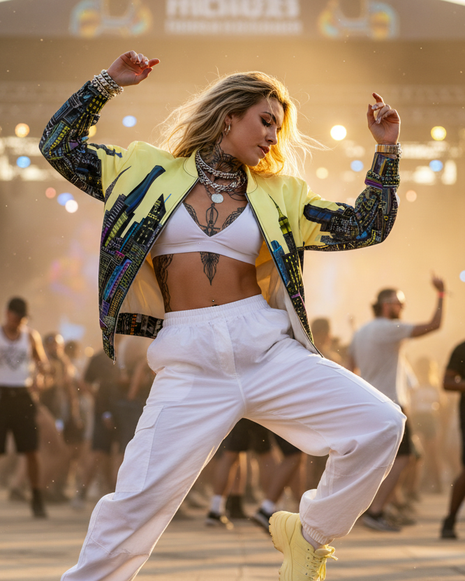 Dancer wearing a skyline yellow Loria NYC Art jacket performing on a stage with a crowd in the background