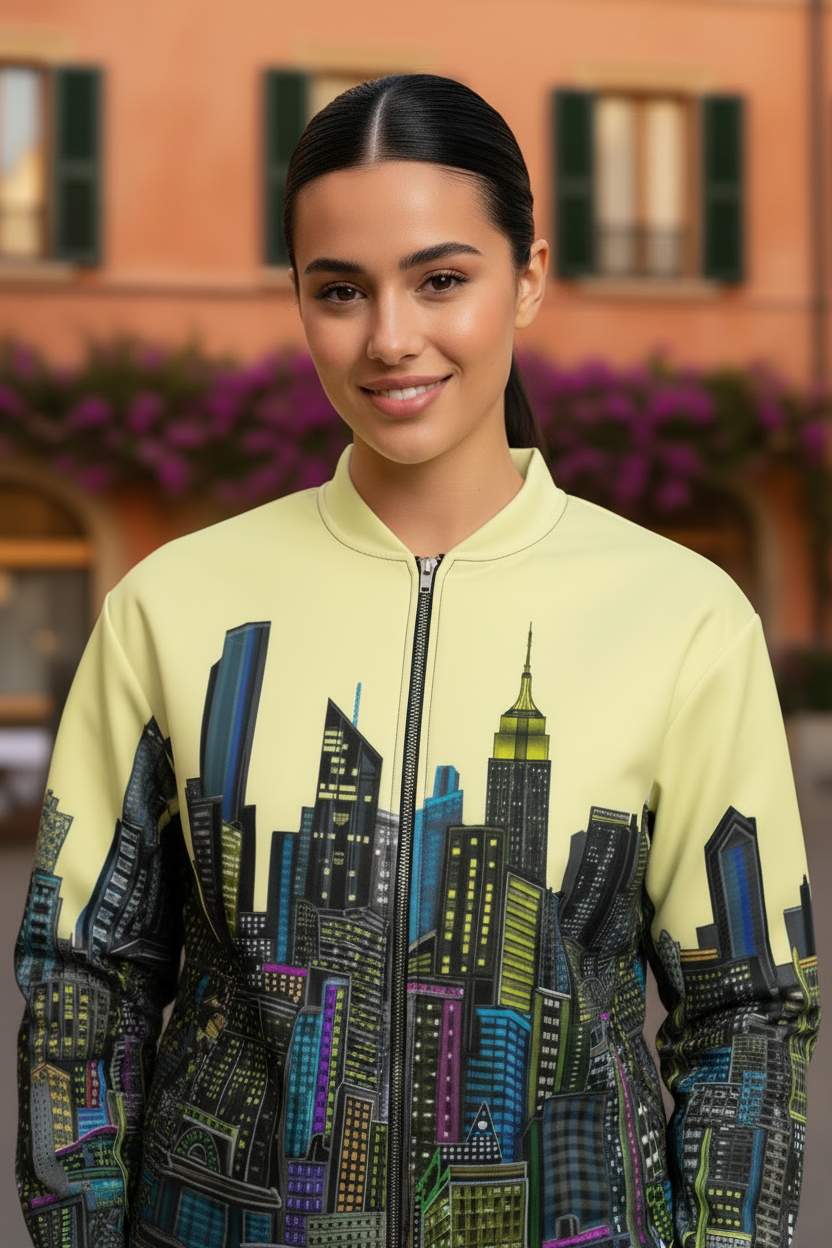 Female wearing a light yellow Loria NYC Art jacket with cityscape design in an outdoor setting