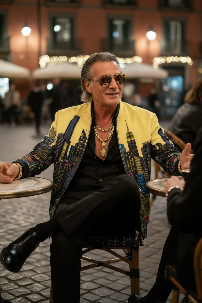 Man wearing a yellow Loria NYC Art jacket sitting in an outdoor setting