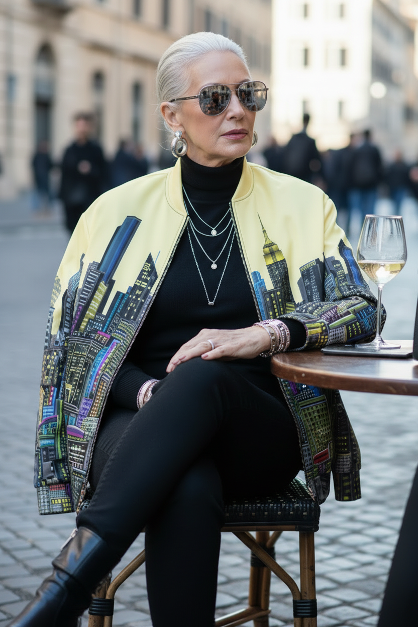 Woman sitting at an outdoor cafe wearing a colorful Loria NYC Art jacket with cityscape design.