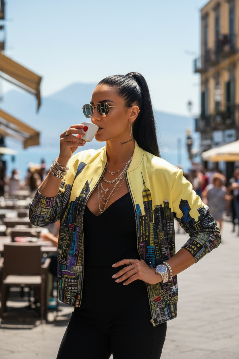 Female drinking coffee wearing a light yellow Loria NYC Art jacket design in an outdoor setting