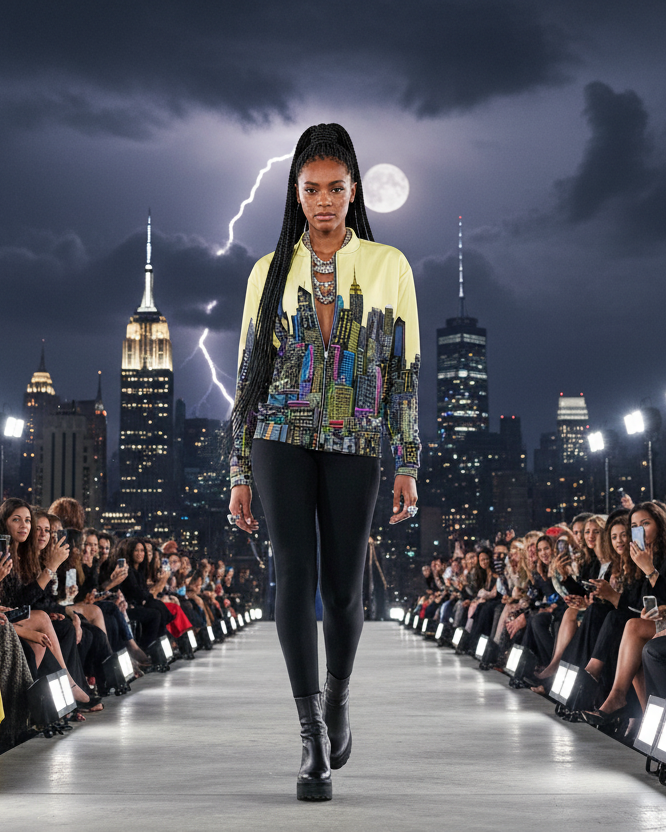 Model walking on a runway with a cityscape Loria NYC Art jacket with lightning in the background
