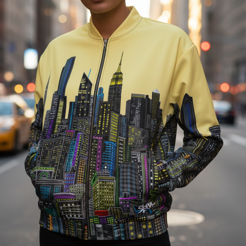 Person wearing a yellow Loria NYC Art jacket with a cityscape design on a city street.
