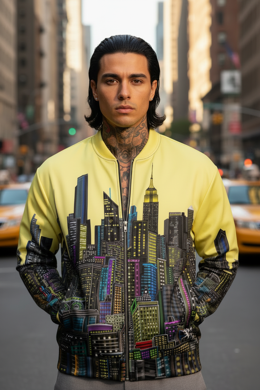 Person wearing a Loria NYC Art yellow jacket with cityscape design on a city street