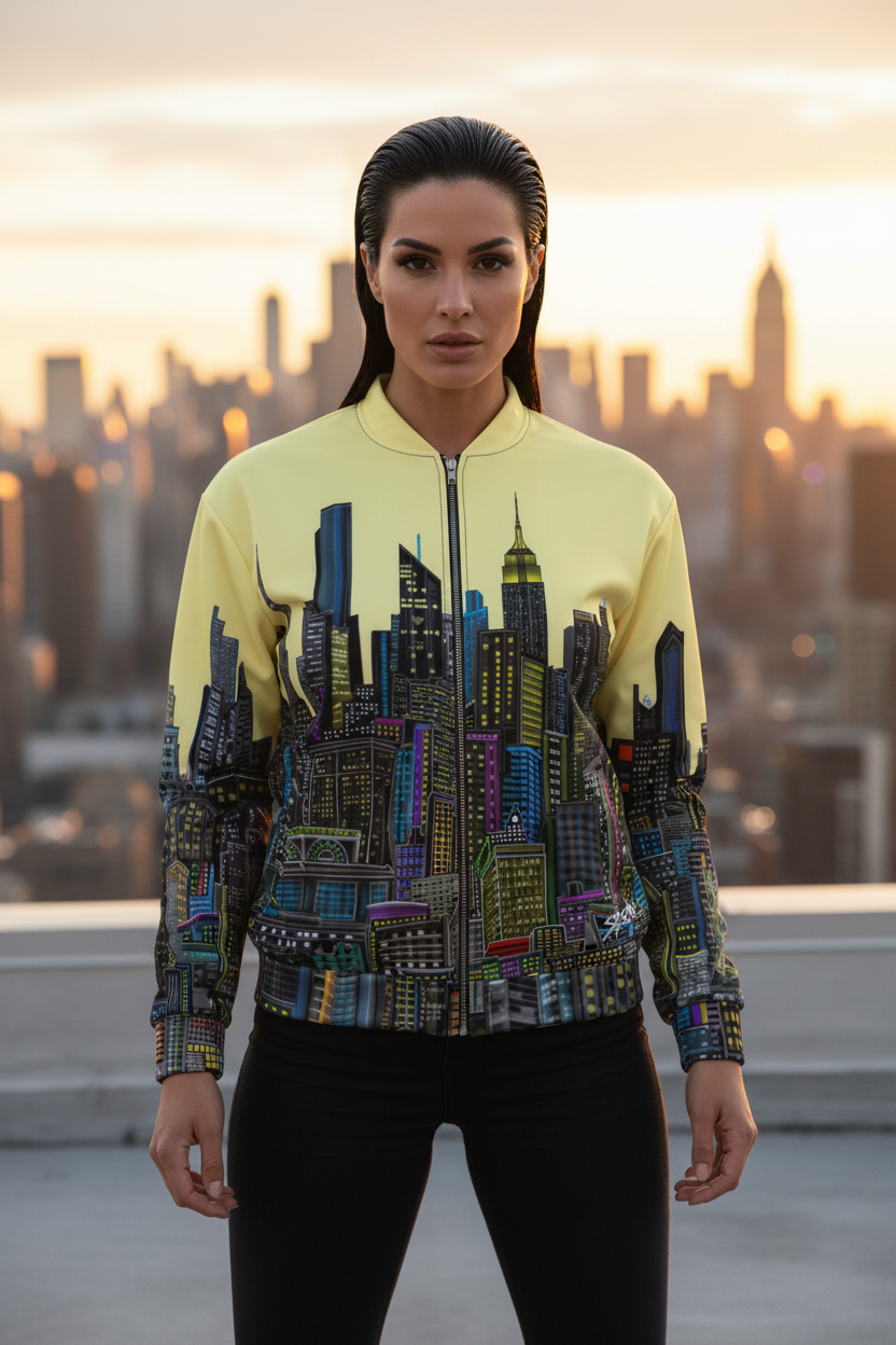 A woman stands on a rooftop wearing a zip-front bomber jacket with a pale yellow upper section and a detailed multicolor cityscape Loria NYC Art print across the lower body and sleeves, against a blurred city skyline at sunset.